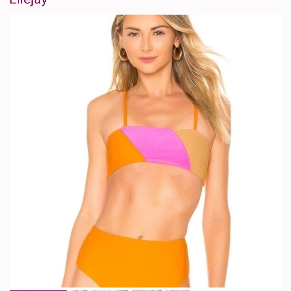 Ellejay Revolve Colorblock Lauren Top and Carolyn Bottom Bikini Set Orange Pink